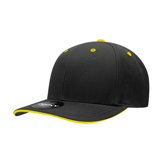 A black cap with a structured mid-profile and yellow accents on the bill and eyelets, featuring a logo.
