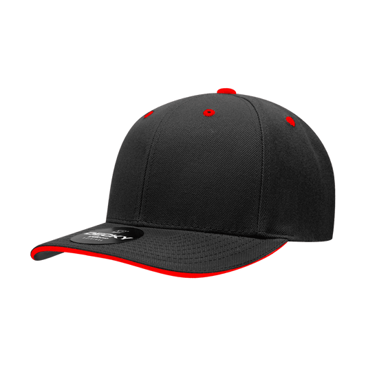 A black cap with a structured design and red accents on the bill and stitching. It features a branding logo.