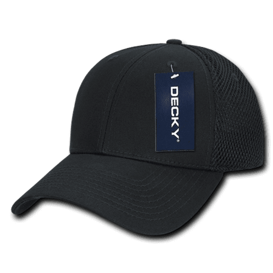 A black low crown air mesh baseball cap with a tag and a logo on the front.