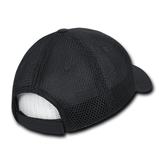 A black low crown air mesh baseball cap featuring a mesh design and an adjustable strap at the back.