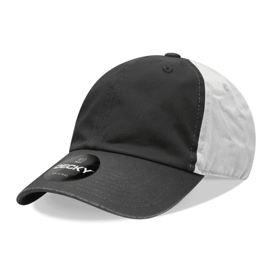 A black and white 6-panel low profile relaxed dad hat, featuring a logo on the front.