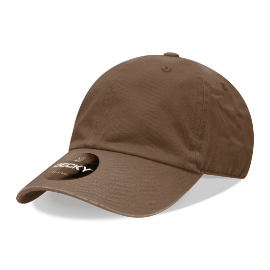 A brown 6 panel low profile relaxed dad hat with a logo on the front.