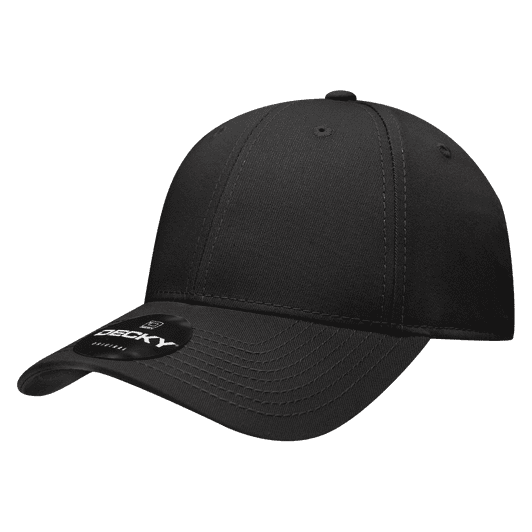 A black 6 panel low profile structured cap with a pre-curved brim and a logo on the side.