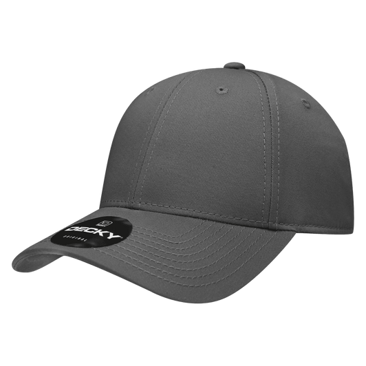 A grey 6 panel low profile structured cap with a curved brim and a logo on the side.