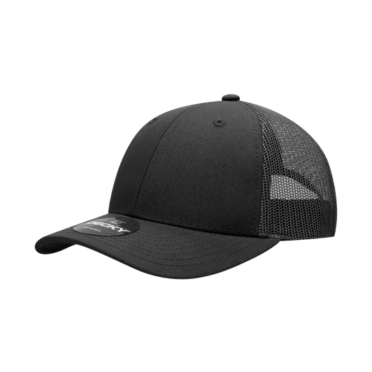 A low-profile structured trucker cap in black with a mesh back and a circular logo.