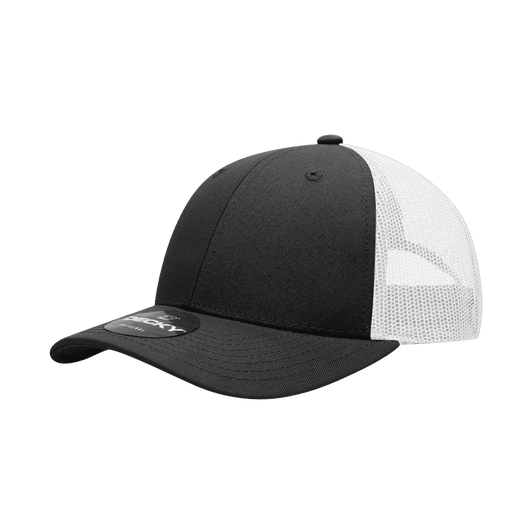 A black and white 6 panel low profile structured trucker cap with a mesh back and a logo.