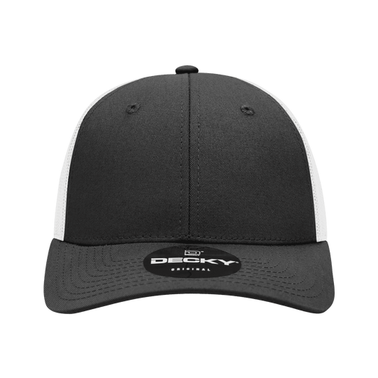A black and white 6-panel low profile structured trucker cap featuring a logo on the front.