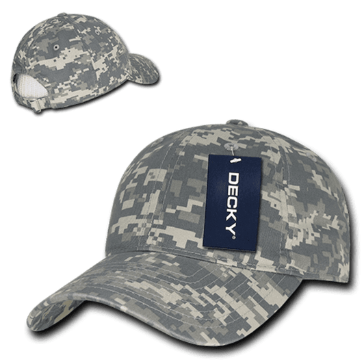 A grey camouflage dad hat with a low profile and relaxed fit, featuring a branding label.