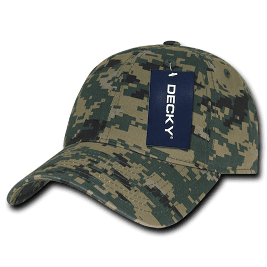 A camo dad hat featuring a relaxed six-panel design in various shades of green and brown, complete with a logo.