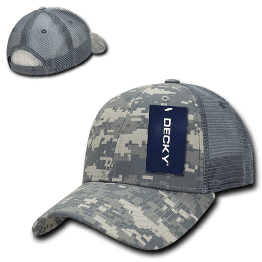 A camo trucker cap in grey tones featuring a structured design and mesh back, with a logo on the front.