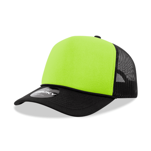 A high-profile structured two-tone foam trucker cap in vibrant lime green and black, featuring a mesh back and a logo.
