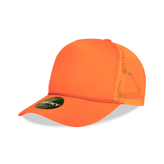 A bright orange 5-panel high profile structured foam trucker cap with a mesh back and a branded tag.