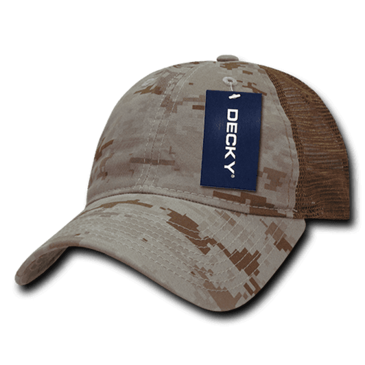 A camo trucker cap in shades of beige and brown with a mesh back and a brand tag attached.