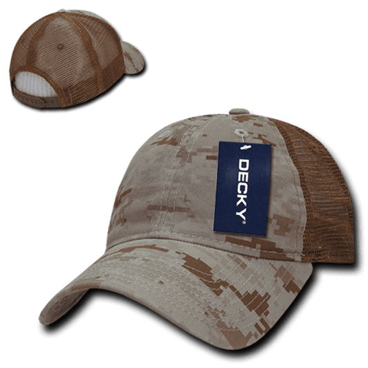 A camo trucker hat in shades of tan and brown, featuring a mesh back and a branding tag.