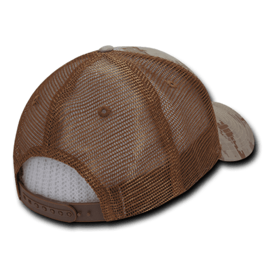 A brown and beige camo trucker hat featuring a relaxed low profile and mesh back for ventilation.