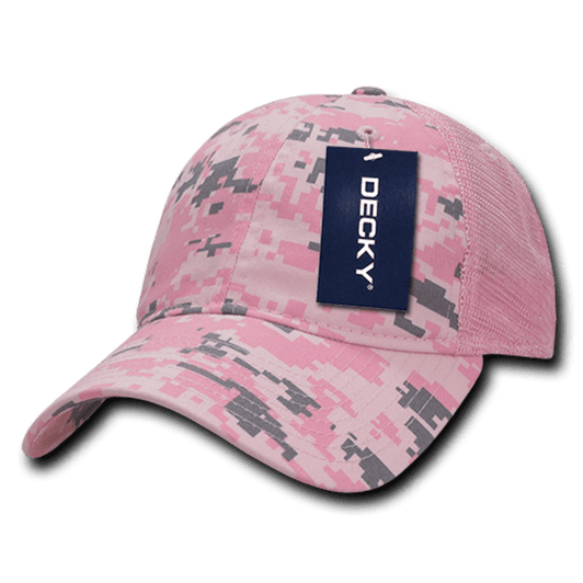 A pink and grey camo trucker cap with a mesh back and a brand tag attached.