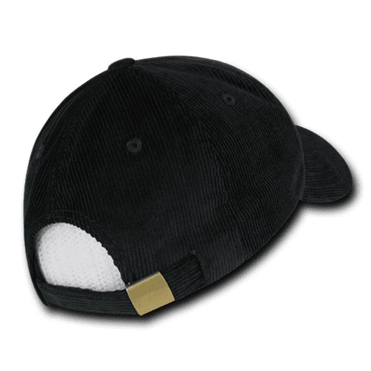 A black, low-profile structured cap featuring a corduroy texture and a rear clasp adjustment.