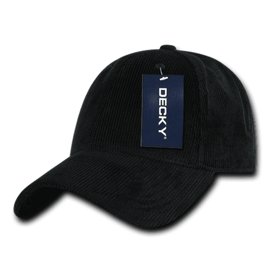 A black 6 panel low profile structured cap with a tag and curved brim. The cap features a logo.