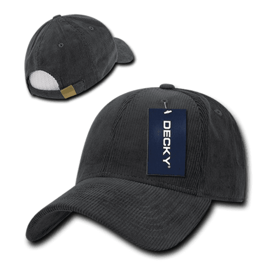 A dark grey six-panel low profile structured cap with a logo and a tag attached.