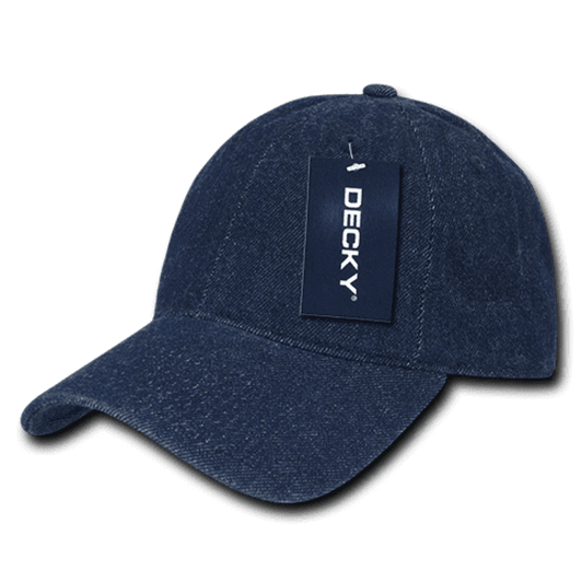 A navy blue 6-panel low profile relaxed cap with a tag. It features a curved brim and a branding logo.