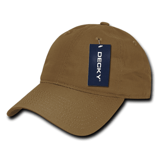 A tan 6-panel low profile relaxed dad hat with a tag attached, featuring a logo on the front.
