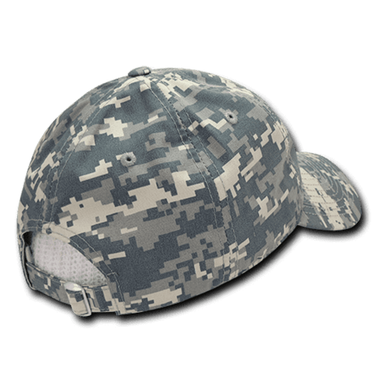 A camouflage-patterned 6 Panel Low Profile Relaxed Dad Hat featuring a logo at the back.