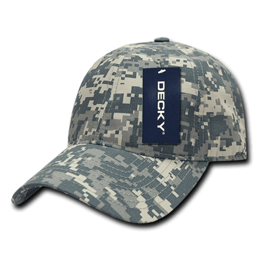 A grey camo 6 panel low profile relaxed dad hat with a branded tag on the front.