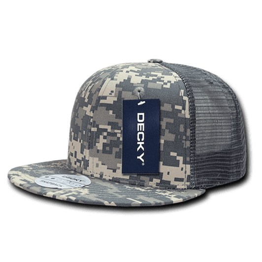 A six-panel high-profile structured trucker cap in camouflage colours with a mesh back and a branding label.