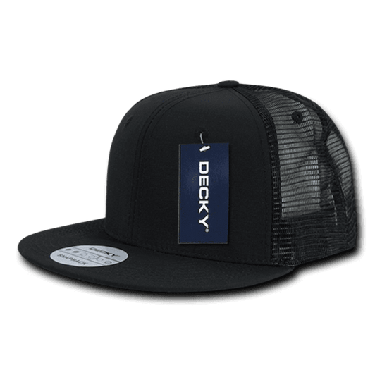 A black high-profile structured trucker cap with a mesh back and an attached tag featuring a logo.