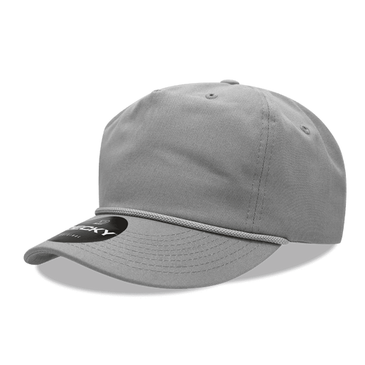 A grey 5 Panel High Profile Relaxed Cap with a curved brim and a logo.