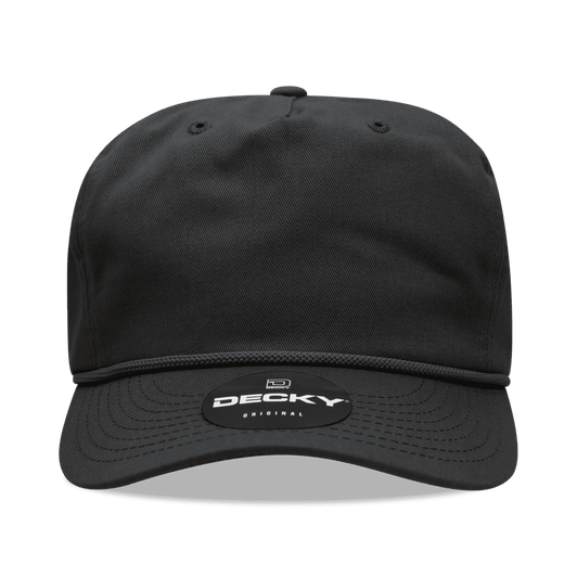 A black 5 panel high profile relaxed cap featuring a logo on the front, with a flat brim and ventilated design.