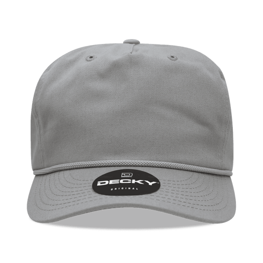 A high-profile relaxed cap in grey, featuring a curved brim and a logo on the front.