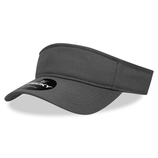 A grey visor with a wide brim and an adjustable back, featuring a logo on the front.