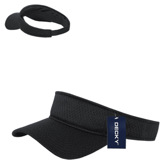 A black mesh jersey visor with a curved brim and adjustable strap, featuring a branding tag.