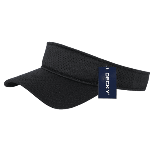 A black mesh jersey visor with a wide brim and a tag attached, featuring a logo.