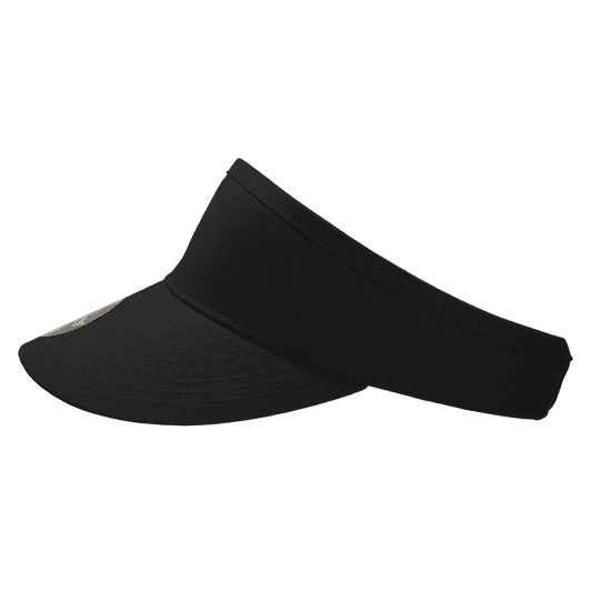 A black visor featuring a wide brim and a curved design, complete with a logo.