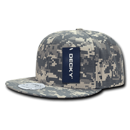 A structured snapback cap in a digital camo pattern, featuring a logo on a tag attached to the front.