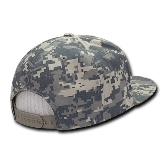 A 6-panel high profile structured snapback cap in a digital camouflage pattern with a mesh back and adjustable strap.