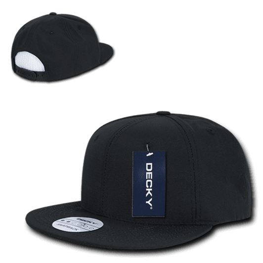 A black structured snapback cap featuring a front panel and a back adjuster. The cap has a logo tag attached.