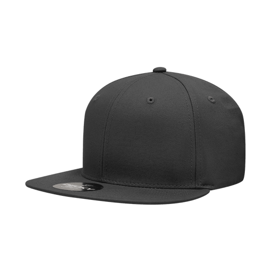 A grey, high profile structured snapback cap with a flat brim and a logo on the side.