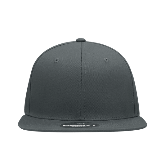 A grey 6-panel high profile structured snapback cap with a flat brim and a logo on the front.