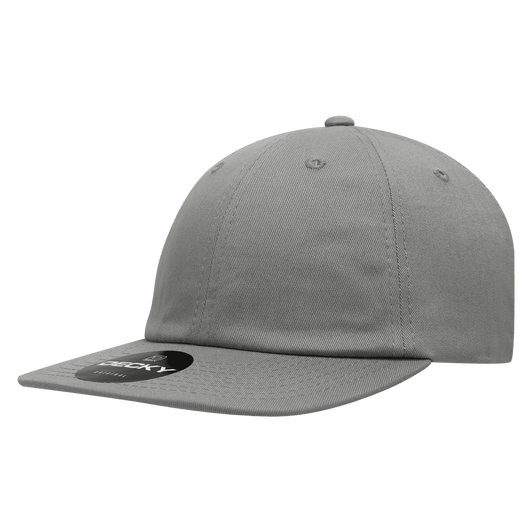 A grey 6-panel high profile relaxed snapback cap with a curved brim and a logo on the front.