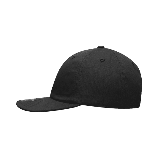 A relaxed black flat bill cap with a curved peak and a logo on the side.