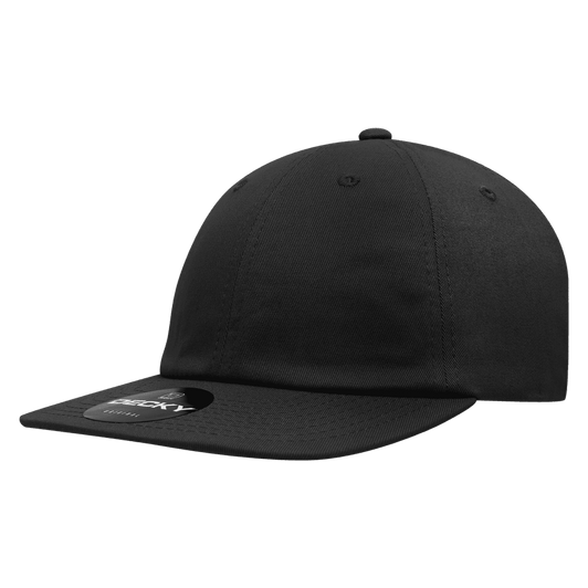A black 6-panel high profile relaxed snapback hat with a curved brim and a logo on the front.