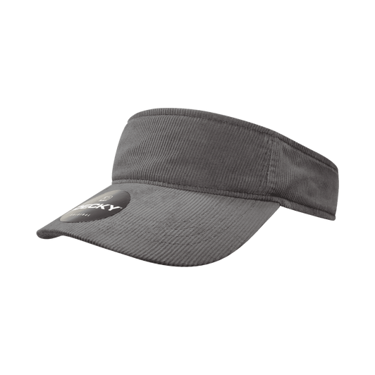 A grey corduroy visor featuring a rounded bill and an embossed logo on the front.