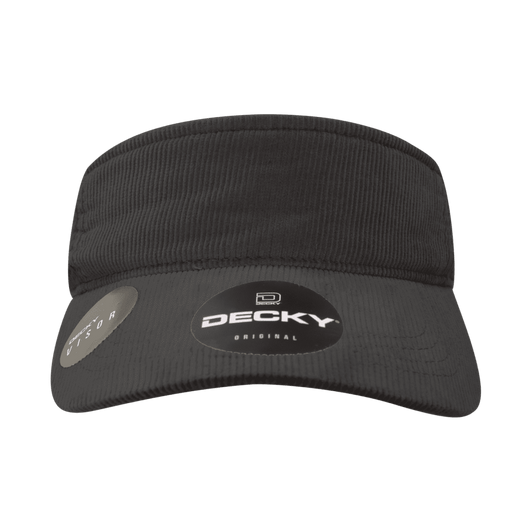 A black visor with a textured design and a logo, featuring a wide brim for sun protection.