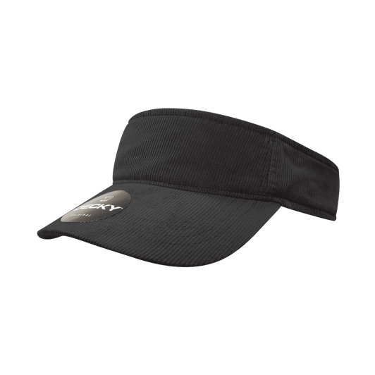 A black visor with a wide brim and an attached logo on the front.