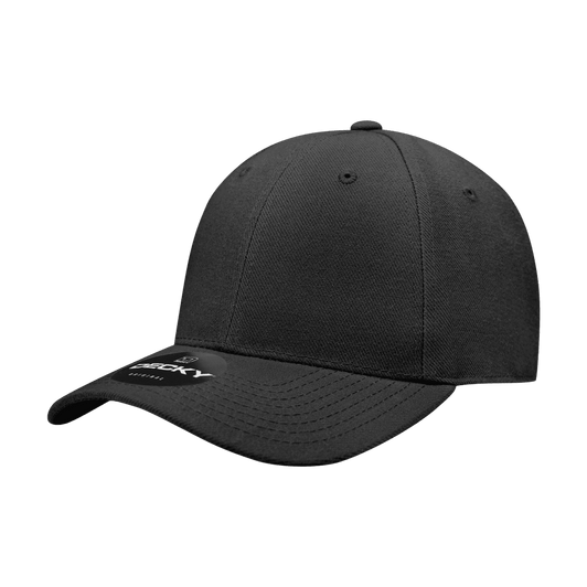 A black 6-panel high profile structured fitted cap with a small logo on the front.