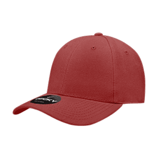 A red six-panel high-profile structured fitted cap with a curved brim and a brand logo on the side.