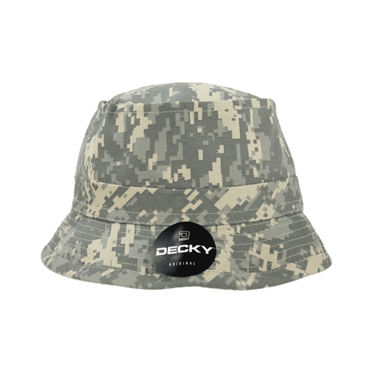 A structured bucket hat in a grey camouflage pattern, featuring a logo on a black tag.